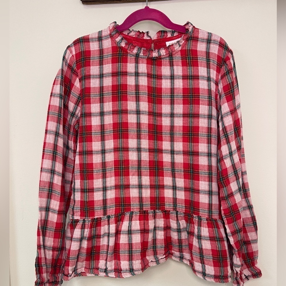 Cat & Jack: Girl’s Red/Green/Gold Plaid Long Sleeve Blouse, Size L (10/12)